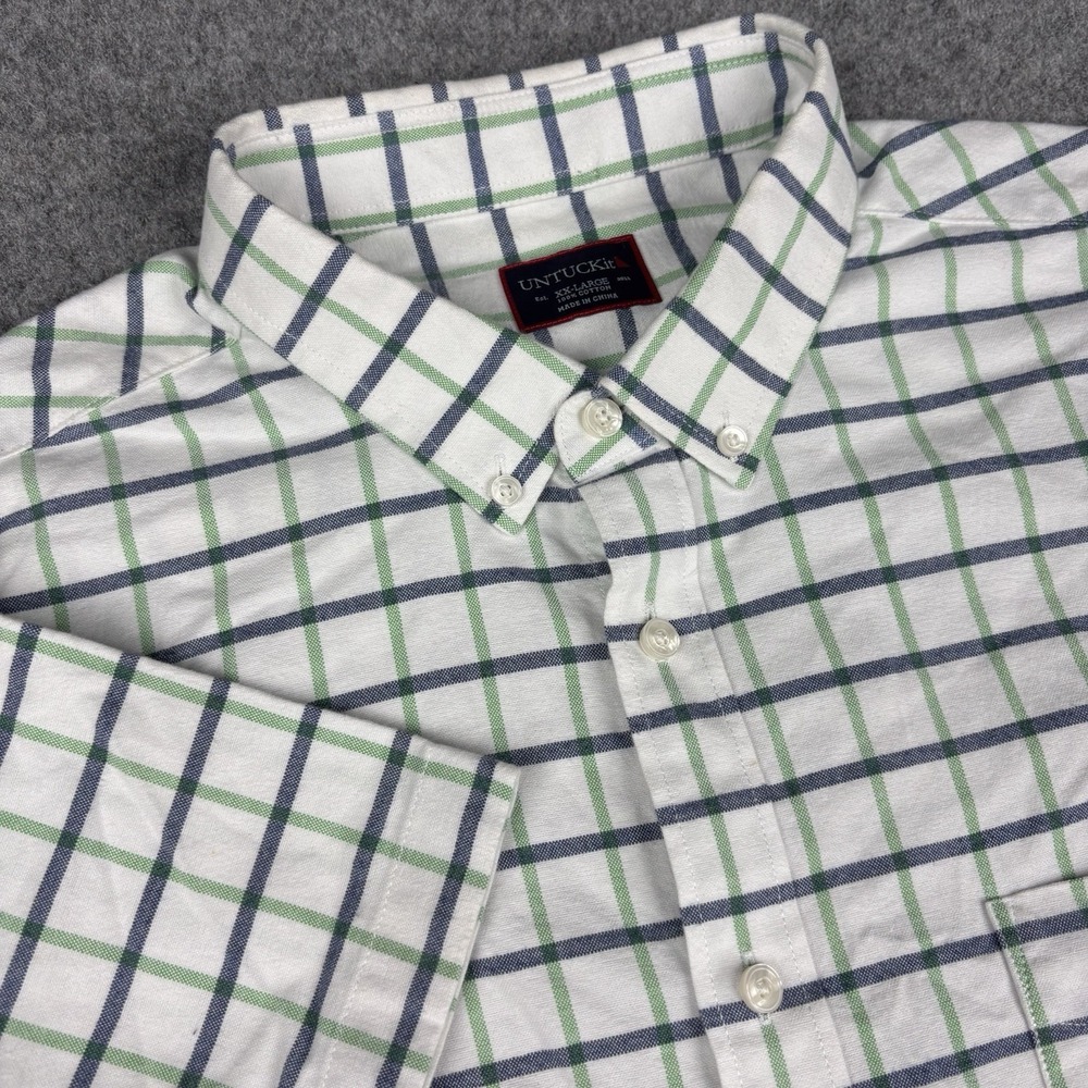 Untuckit‎ Shirt Mens 2XL White Green Plaid Short Sleeve Button Up Casual Preppy